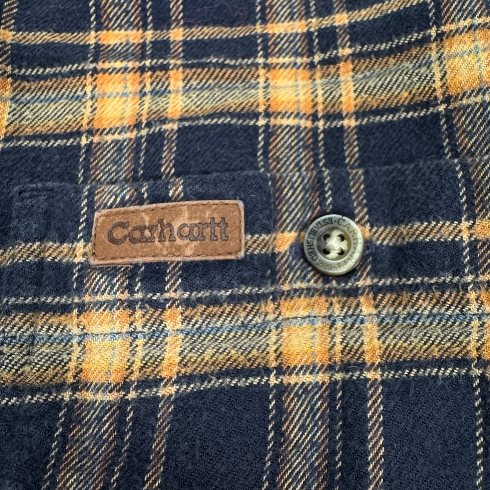 Carhartt Flannel Shirt Mens L Navy Blue Tan Plaid Cotton Workwear Long Sleeve - Picture 6 of 10